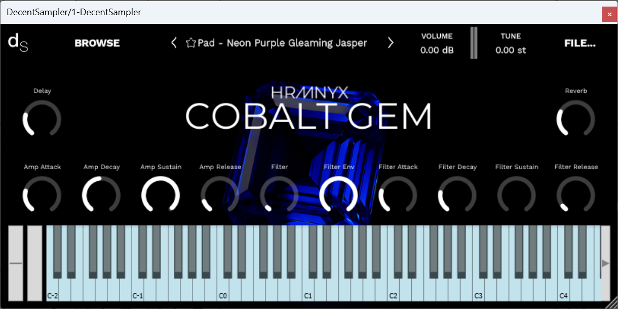 A screenshot of the Cobalt Gem Sample Library instrument interface in Decent Sampler.